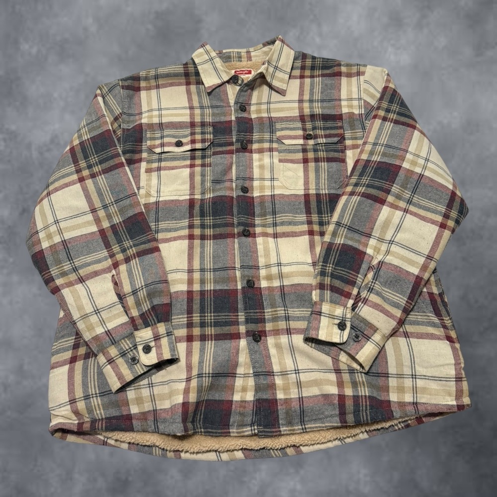 Wrangler Mens Sherpa Lined Flannel Shirt Jacket Plaid Tan Burgundy HJH1WWT L
